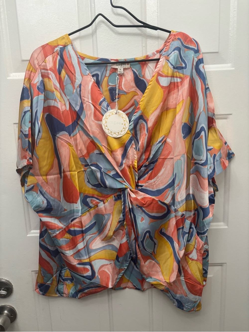Umgee Multicolor Twist-Front Blouse in Coral, Yellow & Blue
